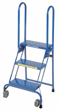 BALLYMORE Rolling Ladder: 2.4 ft Platform Ht, Assembled, No Locking Mechanism, Steel, 16 in x 7 in (MPN LS3247). Key specifications — Brand: BALLYMORE; Color: Blue; Handrail Configuration: Double Handrails.