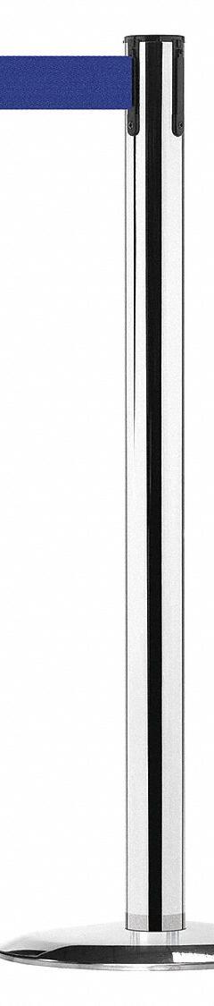 TENSABARRIER Barrier Post with Belt: Blue, No Pattern, No Legend, 7 1/2 ft Belt Lg, Gray (MPN 889U-1P-1P-STD-NO-L5X-C). Key specifications — Base Material: Cast Iron; Belt Color: Blue; Brand: TENSABARRIER; Post Material: Metal Alloy; Post Color: Gray; Message: No Legend.