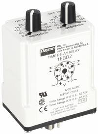 DAYTON Single Function Time Delay Relay: Socket Mounted, 120V AC/DC, 10 A, 8 Pins/Terminals (MPN 1EGD2). Key specifications — Brand: DAYTON.