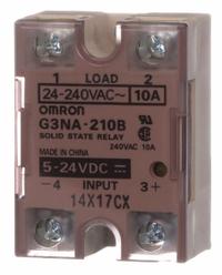 OMRON Solid State Relay: Surface Mounted, 10 A Max Output Current, Photocoupler, AC Output (MPN G3NA-210B-UTU AC100-240). Key specifications — Brand: OMRON; Current Type: AC; Electrical Connection: Screw Clamp; Finger Safe: Yes; Input Current: 0.6 to 15 A; Maximum Output Current without Heat Sink: 15 A; Mounting Style: Surface; Output Voltage: 24 to 240V AC.