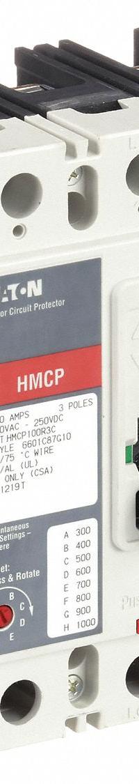 EATON Molded Case Circuit Breaker: 100 A Amps, 65kA at 600V AC, Fixed, ABC, Line/Load Lug, Std, HMCP (MPN HMCP100R3C). Key specifications — Series: HMCP; Max. AIR Rating: 65kA at 600V AC; Instantaneous Trip: Fixed; Phase Connection: ABC; Terminal Connection: Line/Load Lug; Frame Size: 250A/J.