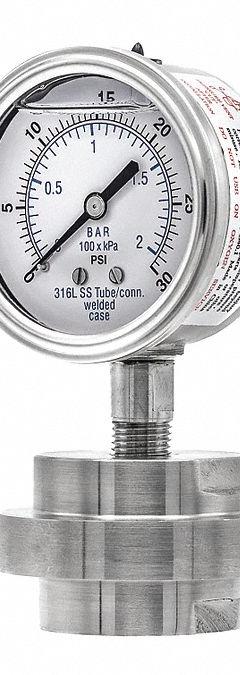 PIC GAUGES Pressure Gauge with Diaphragm Seal: 0 psi to 30 psi, 301L/3JJJ, 2 1/2 in Dial, Glycerin (MPN 301L254C/3JJJ200). Key specifications — Brand: PIC GAUGES; Gauge Case Liquid: None; Seal Fill Liquid: Glycerin; Seal Lower Housing Material: 316 Stainless Steel; Accuracy: ±2-1-2%; Gauge Wetted Parts: Stainless Steel.
