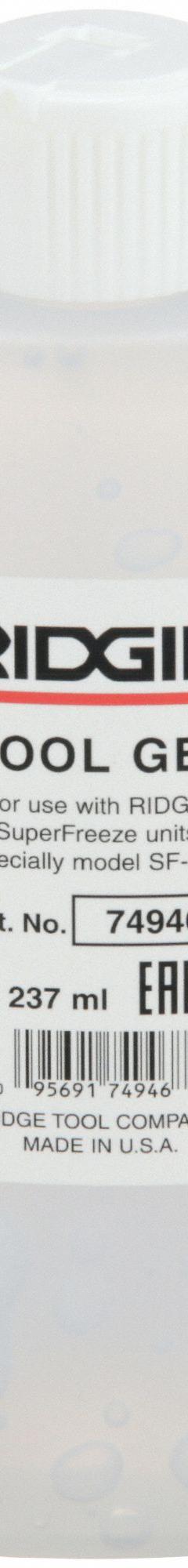 RIDGID Bottle Freezing Gel: 1/2 in Min Steel Pipe Size, 1 1/2 in Max Steel Pipe Size, 10 to 15 min (MPN 74946). Key specifications — attr511216: As Little as 6 min; attr511209: 10 to 15 min; attr473837: RIDGID.