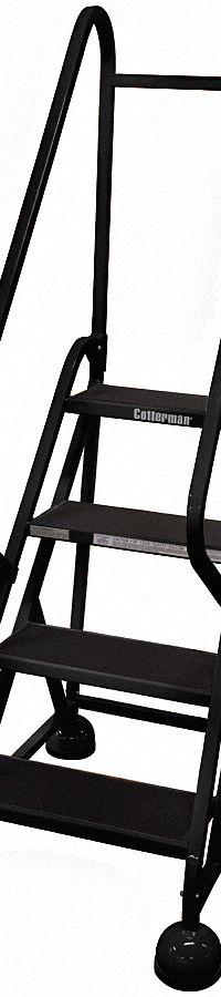 COTTERMAN Rolling Ladder: 3 ft Platform Ht, Partially Assembled, Steel, Wt-Actuated Auto-Lock (MPN ST-401 A2 C7 P5). Key specifications — Includes Handrails: Handrails Included; Material: Steel; Brand: COTTERMAN; Color: Black.