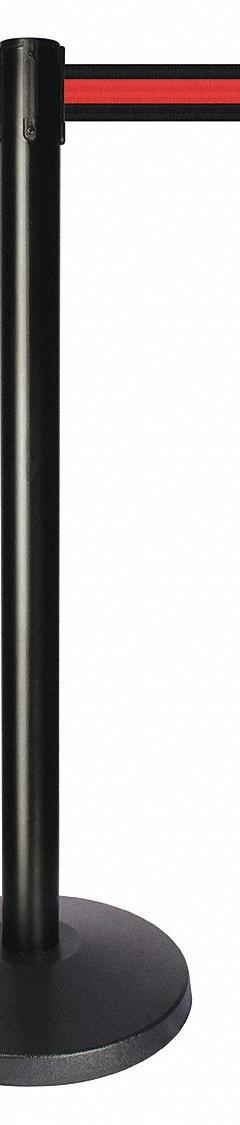 QUEUEWAY Barrier Post with Belt: Red, Horizontal Stripe, No Legend, 10 ft Belt Lg, Black (MPN QPLUS-33-S2). Key specifications — Base Material: ABS; Belt Color: Red; Brand: QUEUEWAY; Post Material: Metal Alloy; Post Color: Black; Message: No Legend.