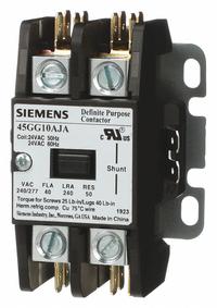 SIEMENS Definite Purpose Magnetic Contactor: 1 + N Poles, 120V AC, 40 A, Non-Reversing (MPN 45GG10AFA). Key specifications — Brand: SIEMENS; Coil Voltage: 110/110-120V AC; Contactor Style: HVACR Definite Purpose Contactor; Mounting Style: Surface; Terminal Connection Type: Screw Terminals; Maximum Voltage Rating: 600V AC; Series: 42 Series; Phase: Three.