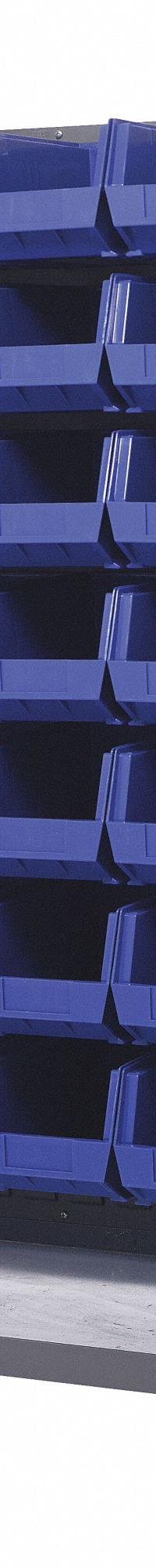 QUANTUM STORAGE SYSTEMS Mobile Louvered Floor Rack: 36 in x 24 in x 72 in, 56 Bins Included, Blue (MPN QMD-36H-240BL). Key specifications — Bin Width: 8-1/4 in; Color: Gray; Caster Wheel/Configuration: (2) Swivel; Caster Wheel/Tread Material: Hard Rubber; Bin Color: Blue; Bin Depth: 14-3/4 in; Bin Height: 7 in; Brand: QUANTUM STORAGE SYSTEMS.