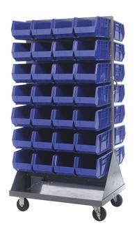 QUANTUM STORAGE SYSTEMS Mobile Louvered Floor Rack: 36 in x 24 in x 72 in, 56 Bins Included, Blue (MPN QMD-36H-240BL). Key specifications — Bin Width: 8-1/4 in; Color: Gray; Caster Wheel/Configuration: (2) Swivel; Caster Wheel/Tread Material: Hard Rubber; Bin Color: Blue; Bin Depth: 14-3/4 in; Bin Height: 7 in; Brand: QUANTUM STORAGE SYSTEMS.