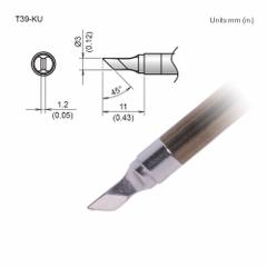 HAKKO Soldering Tip: T39 Series, Knife, 3 mm W, 11 mm Lg (MPN T39-KU). Key specifications — Brand: HAKKO; Compatible Handpiece Manufacturer Model Number: FX-9701; Manufacturer Part Number: T39-KU.