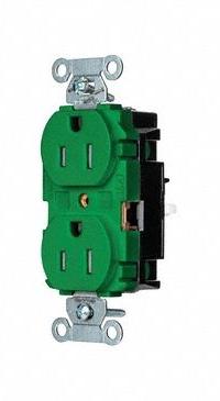 HUBBELL Receptacle: Duplex, 5-15, Green, 125V AC, 15 A, 2 Pole / 3 Wire (MPN BR15STGNTR)