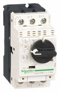 SCHNEIDER Manual Motor Starter: Non-Reversing, 3 Poles, 1.6 A, Thermal Protection, Selector Switch (MPN GV2P06). Key specifications — Maximum Voltage Rating: 600V AC; Brand: SCHNEIDER; Thermal Units Required: None (Starter Includes Integrated Thermal Units); Frame Size (Width): 45mm.