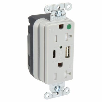 HUBBELL Snapconnect receptacle: Duplex, 5-20R, 2 USB Ports, USB Type A/C, Gray - Hospital-Grade Receptacles with USB Chargers