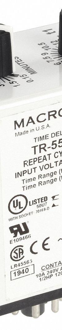 MACROMATIC Single Function Time Delay Relay: Socket Mounted, 24V AC/DC, 10 A, 8 Pins/Terminals (MPN TR-55128-14). Key specifications — Brand: MACROMATIC.