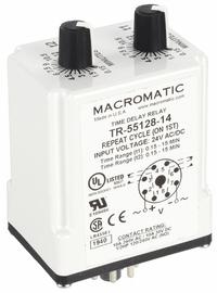 MACROMATIC Single Function Time Delay Relay: Socket Mounted, 24V AC/DC, 10 A, 8 Pins/Terminals (MPN TR-55128-14). Key specifications — Brand: MACROMATIC.