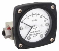 MIDWEST INSTRUMENT Differential Pressure Gauge: Back, 1/4 in NPT Female, ±3-2-3% Gauge Accuracy, 120 (MPN 120-AA-00-OO-15P). Key specifications — Sensor Type: Piston; Series: 120; Housing Material: Aluminum; Certificate of Calibration: Not Included; Gauge Accuracy: ±3-2-3%.