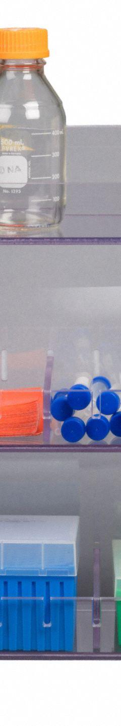 Lab Bulk Bin: 6 1/2 in Overall Wd, 18 3/8 in Overall Ht, 24 3/4 in Overall Lg, PETG, Clear, Benchtop (MPN BENCHTOP24-BRK-PIPTRBRK). Key specifications — Material: PETG; Mounting Location: Benchtop; Color: Clear; Product Type: Multi Organizer; Total Holding Capacity: (3) Levels for Misc Lab Supplies; Brand: POLTEX.