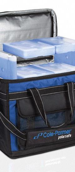 Cryogenic Storage Box: 16 1/8 in Overall Lg, 13 3/4 in Overall Wd, 9 3/8 in Overall Ht, Nylon (MPN 0372638). Key specifications — Material: Nylon; Includes: (2) 1 L 4°C Blocks; Product Type: Transport Bag; Brand: COLE-PARMER.