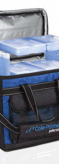 Cryogenic Storage Box: 16 1/8 in Overall Lg, 13 3/4 in Overall Wd, 9 3/8 in Overall Ht, Nylon (MPN 0372638). Key specifications — Material: Nylon; Includes: (2) 1 L 4°C Blocks; Product Type: Transport Bag; Brand: COLE-PARMER.