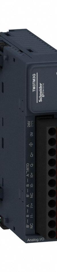 SCHNEIDER ELECTRIC Input/Output Analog Module: SoMachine-Network, (2) Analog In, Analog Out (MPN TM3TM3G). Key specifications — Manufacturer Part Number: TM3TM3G; Power Required: 24V DC; Product Type: Input/Output Analog Module; Series: Modicon TM3; Number and Type of Outputs: Analog; Mounting Style: Panel; Number and Type of Inputs: (2) Analog.