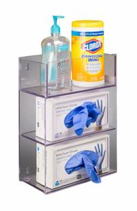 Glove Box Holder: 5 7/8 in Overall Wd, 16 in Overall Ht, 11 3/4 in Overall Lg, PETG, Clear, Wall (MPN GB2BIN-T). Key specifications — Material: PETG; Mounting Location: Wall; Color: Clear; Product Type: Two Glove Box Holder; Total Holding Capacity: (2) Glove Boxes; Brand: POLTEX.