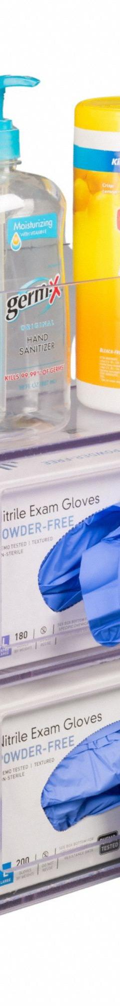 Glove Box Holder: 5 7/8 in Overall Wd, 16 in Overall Ht, 11 3/4 in Overall Lg, PETG, Clear, Wall (MPN GB2BIN-T). Key specifications — Material: PETG; Mounting Location: Wall; Color: Clear; Product Type: Two Glove Box Holder; Total Holding Capacity: (2) Glove Boxes; Brand: POLTEX.