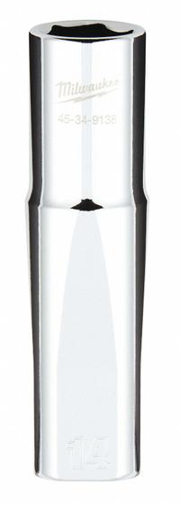 MILWAUKEE Deep Well Socket: Metric, 1/2 in Drive Size, 14 mm Socket Size, 6-Point, Deep, Chrome (MPN 45-34-9138). Key specifications — attr1204417: MILWAUKEE; attr1204392: Chrome.