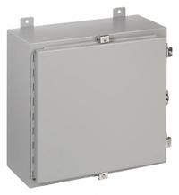 WIEGMANN Enclosure: Steel, 20 in x 20 in x 8 in, NEMA 12/13/4, Solid Cover, Hinged (MPN N4202008). Key specifications — Closure Method: Padlock Hasp; Brand: WIEGMANN; Knockouts: Not Included.