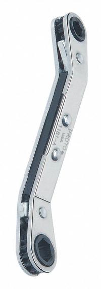 PROTO Box End Wrench: Chrome, 1/2 in_9/16 in Head Size, 6 3/4 in Overall Lg, Offset, Reversing, SAE (MPN J1183-A). Key specifications — attr309490: Chrome; attr309484: Yes; attr309492: No; attr324928: PROTO.