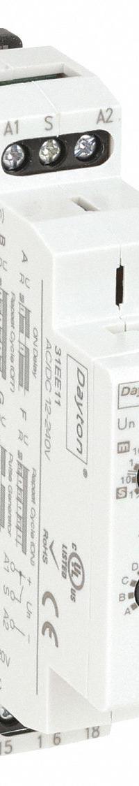 DAYTON Multi-Function Time Delay Relay: DIN-Rail Mounted, 12 to 240V AC/DC, 15 A, 6 Pins/Terminals (MPN 31EE11). Key specifications — Delay Function: Off Delay; Input Voltage: 12 to 240V AC/DC; Brand: DAYTON.