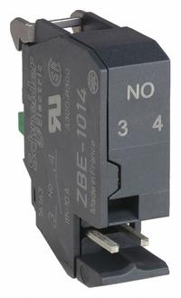 SCHNEIDER Contact Block: 22 mm Panel Mounting Size, 1NO, Momentary, ZB4/ZB5 Series (MPN ZBE1014). Key specifications — Switch Action: Momentary; Terminal Connection Type: Plug-In Connector; Brand: SCHNEIDER; Compatible with Series: ZB5.