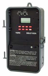 TORK Electronic Timer: 7 day, Astronomic, 120-277V AC, DPDT, Digital (MPN DGLC100A-NC). Key specifications — Body Material: Plastic; Indoor/Outdoor Usage: Outdoor; Astronomic Functionality: Astronomic; Mounting Style: Surface; Brand: TORK.