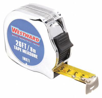 WESTWARD Tape Measure: Nonmagnetic Single Hook Tip, 26 ft / 8 m, Chromed Plastic - Inch & Metric Tape Measures