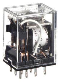 OMRON General Purpose Relay: Socket Mounted, 5 A Current Rating, 24V DC, 3PDT, 11 Pins/Terminals (MPN MY3-DC24). Key specifications — Brand: OMRON; Base Type: Square; Mounting Style: Plug-In; Pin Shape: Flat; Electrical Connection: Quick-Connect; Manufacturer Part Number: MY3-DC24; Operating Current: 2 A at 24V DC (Inductive Load); Series: MY Series.
