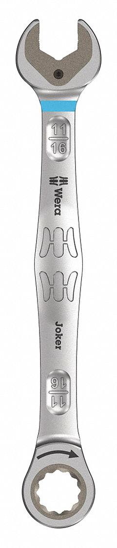 WERA Combination Wrench: Alloy Steel, Nickel Chrome, 11/16 in Head Size, 9 1/4 in Overall Lg (MPN 05073286001). Key specifications — attr309600: 11/16 in; attr309611: Nickel Chrome; attr309610: Alloy Steel; attr309604: Yes; attr309612: No; attr309613: No; attr309615: No; attr324932: WERA.
