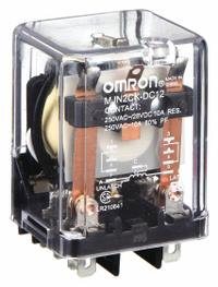 OMRON Latching Relay: Socket Mounted, 10 A Current Rating, 12V DC, DPDT, 9 Pins/Terminals, C Socket (MPN MJN2CK-DC12). Key specifications — Brand: OMRON; Base Type: Square; Mounting Style: Plug-In; Pin Shape: Round; Electrical Connection: Plug-In; Manufacturer Part Number: MJN2CK-DC12; Series: MJN Series.