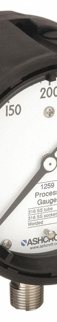 ASHCROFT Process Pressure Gauge: 0 psi to 400 psi, White, 4 1/2 in Dial, 1/2 in NPT Male, Bottom (MPN 451259SD04L400#). Key specifications — Brand: ASHCROFT; Pointer Color: Black; Accuracy: ±0.5%; Dial Color: White; Gauge Wetted Parts: Stainless Steel; Case Material: PBT; Vibration Resistance Properties: None; Pressure Range: 0 psi to 400 psi.