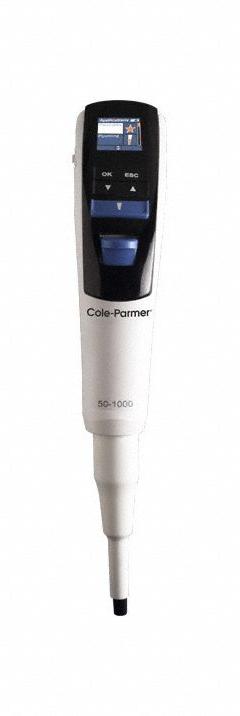 COLE-PARMER Single-Channel Pipettor: 1 Channels, 5,000 ul Capacity - Max, 5 ul Volume Increments (MPN 2450129). Key specifications — Color: Green; Brand: COLE-PARMER; Pipetter Type: Electronic Adjustable Volume; Autoclavable: Autoclavable; Product Type: Single-Channel Pipettor.