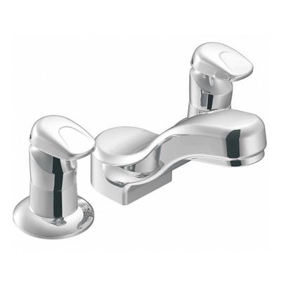 MOEN Low Arc Bathroom Faucet: M-Press, Widespread, Brass, Chrome Finish, 0.5 gpm Flow Rate - Widespread Push-Button Metering Bathroom Faucets