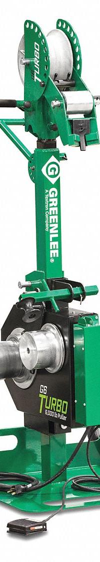 GREENLEE Cable Puller: Floor Mount, 6,000 lbf Max Force, 4,000 lbf Max. Continuous, 90 fpm Max Speed (MPN G6). Key specifications — attr534134: 115V AC; attr531753: GREENLEE.