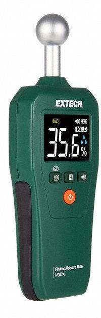 EXTECH Moisture Meter: Digital, LCD with Backlight, Pinless (MPN MO57A). Key specifications — Display Type: Digital; Features: Adjustable Alerts; Compatible Material: Wood; Digital Display Screen Type: LCD with Backlight; Brand: EXTECH.