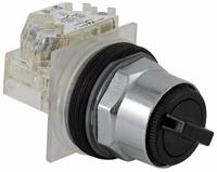 SCHNEIDER Selector Switch: 30 mm Panel Mounting Size, 2 Positions, Short Lever, SPDT, Metallic (MPN 9001KS34BH13). Key specifications — AC Contact Rating: 6 A @ 120 V; Action: Maintained/Momentary; Cam: D; DC Contact Rating: 0.1 A @ 600 V; Hazardous Location Specification: Not Rated; Operator Head Material: Polycarbonate; Operator Head Type: Short-Handled Knob; Operator Illumination: Non-Illuminated.