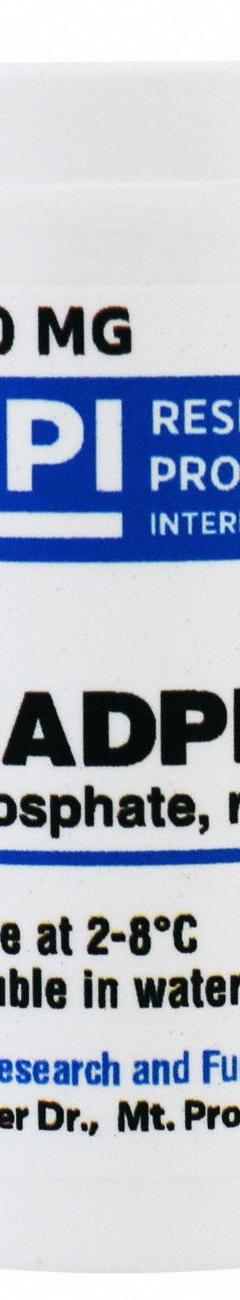 RPI NADPH (B-Nicotinamide adenine dinucleotide phosphate, Reduced Form, tetrasodium Salt) (MPN N20140-0.1). Key specifications — Form: Powder; Special Information: BSE/TSE Free; Brand: RPI; Chemical Grade: Lab; Container Material: Plastic.
