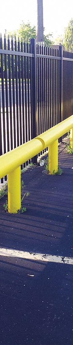 IDEAL SHIELD Guard Rail System: Straight, 14 3/4 in Top Rail Ht, 1 in Mounting Hole Dia, Guardrail (MPN HGR-1-120-14-3/4-P). Key specifications — Color: Yellow; Material: HDPE; Rail Mounting Style: Floor Mounted; Includes Mid-Rail: Mid-Rail Not Included.