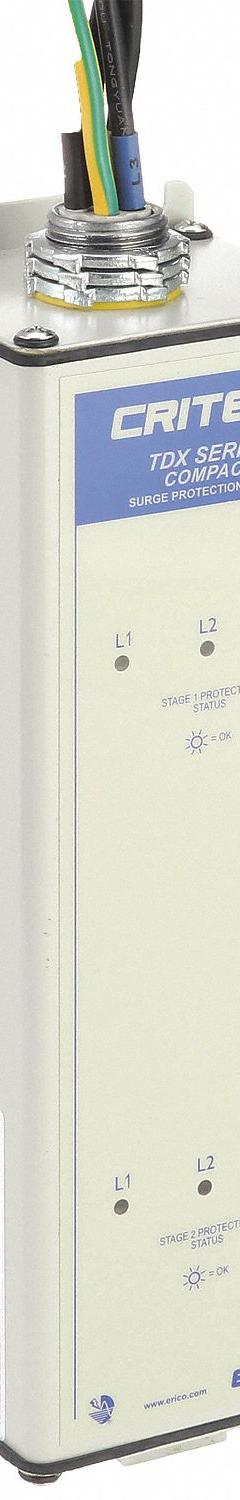 NVENT ERICO Surge Protection Device: Three Phase, 277/480V AC Wye, 320/550 V AC, Metal, 4, 200kA (MPN TDX200C277/480). Key specifications — Voltage: 277/480V AC Wye; Includes: Voltage Free Contact; Max. Continuing Operating Voltage: 320/550 V AC; Voltage Protection Rating: 1000V (L-N); Enclosure Material: Metal; Max. Surge Current per Mode: 200kA; Brand: NVENT ERICO.