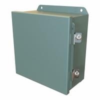 HAMMOND Electrical Enclosure: Steel, 8 in x 8 in x 4 in, NEMA 12/13/3R/4, Solid Cover, Hinged (MPN HJ884HLP). Key specifications — Closure Method: Clamps; Brand: HAMMOND; Knockouts: Not Included.