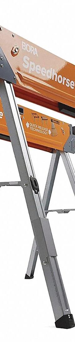 BORA Saw Horse: Fixed Ht, Steel, 3 in Overall Wd, 1,500 lb Overall Load Capacity (MPN PM-4500). Key specifications — Height Adjustability: Fixed Height; Brand: BORA; Portability: Fold-Up Legs; Top Material: Steel; Included Components: No Additional Components; Features: Quick-Deploy and Quick-Collapse Legs; Clamping System: Brackets; Assembly: Fully Assembled.
