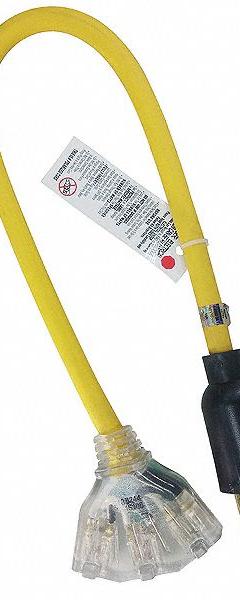 POWER FIRST Illuminated Cord Adapter: 2 ft Lg, 12 AWG, L5-20P Plug, 5-15R Receptacle, Yellow (MPN 4GAA3). Key specifications — Temperature Rating: -58° to 194°F; NEMA Plug Configuration: L5-20P; NEMA Receptacle Configuration: 5-15R; Brand: POWER FIRST.