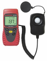 AMPROBE Light Meter: Carrying Case, ±3% Light Level Accuracy, LCD, 39 in Sensor Cord Lg (MPN LM-100). Key specifications — Brand: AMPROBE; Light Level Accuracy: ±3%; Digital Display Screen Type: LCD; Includes: Carrying Case; Lights Tested: Sodium; Certificate of Calibration: Not Included.