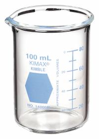 KIMBLE Colorware Beaker: 100 mL, 3.38 fl oz, A, Low Form, Type I, Blue, Borosilicate Glass (MPN 14000B-100). Key specifications — attr1371034: Type I; attr1371051: KIMBLE; attr1371062: Blue.
