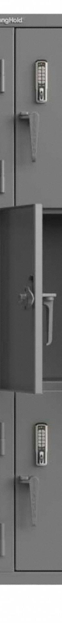 STRONG HOLD Locker: 36 in x 18 in x 75 in, 3 Tiers, 2 Units Wide, 6 Lockers, 18 in x 24 in, Steel (MPN 36-6D-18-3T-EK-L). Key specifications — Mounting Style: Surface; Brand: STRONG HOLD; Handle Type: Swing; Locker Color: Gray; Mounting Location: Freestanding; Locker Material: Steel; Frame Assembled: Assembled; Lock Type: Electronic Keypad.